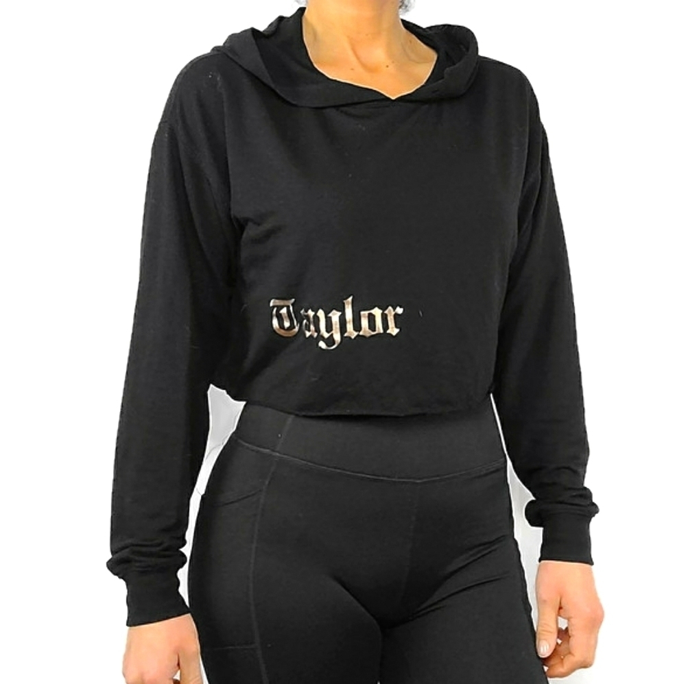 Forever 21 TAYLOR Crop Hoodie Size Medium Gold Black - Picture 1 of 3